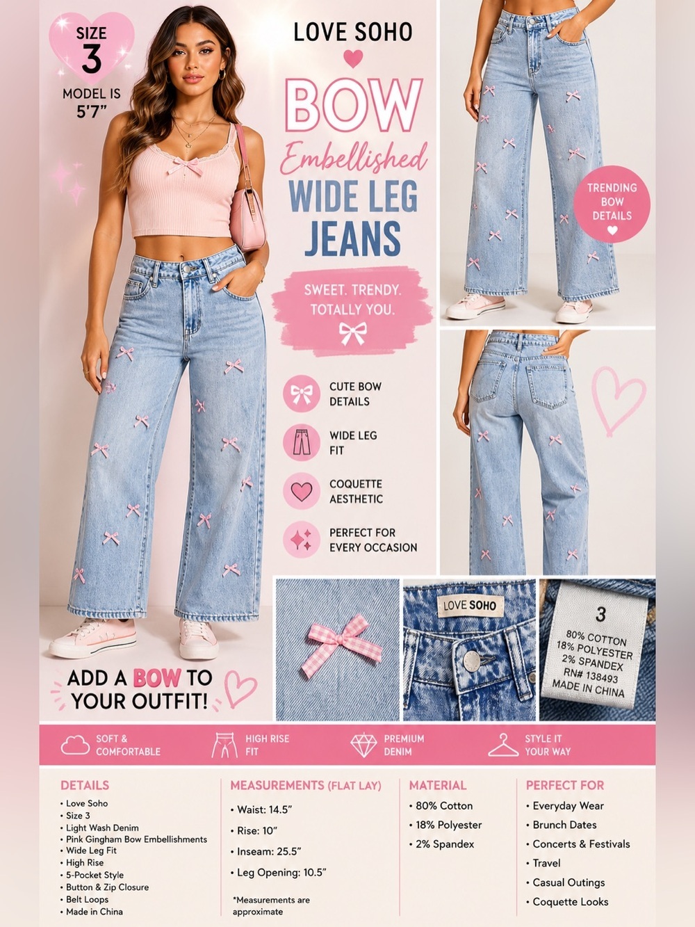 Love Soho Bow Embellished Wide Leg Jeans Size 3 Coquette Pink Ribbon Denim